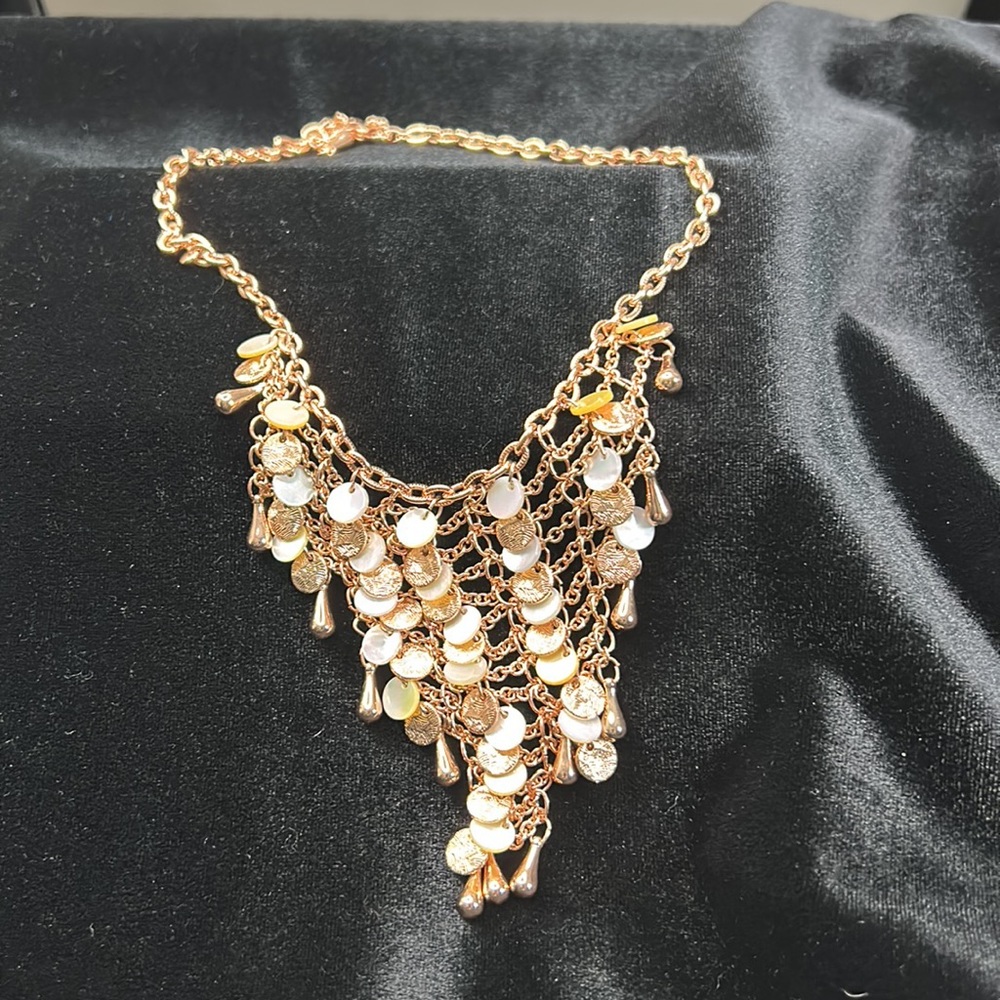 #50 Vintage Joan Rivers Bib Necklace Rose Gold w Mother of Pearl